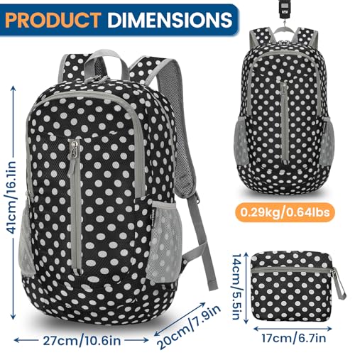 ZOMAKE Lightweight Packable Backpack 25L, Foldable Hiking Daypack - color: Black, White Polka Dot, size: 25L