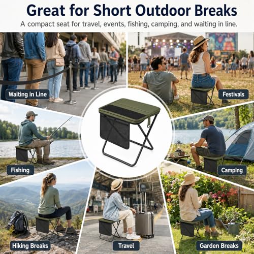 Portable Folding Stool for Adults, Foldable Backpack Stool with Shoulder Strap, 1.77 lb Lightweight Camping Stool with Side Pocket, Travel Seat for Fishing, Hiking, Gardening, Festivals, Green, 1 Pack