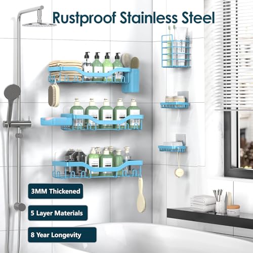NESOMI Shower Caddy Adhesive Shower Organizer 8-Pack, Rustproof Stainless Steel Bathroom Shelves, Large Capacity No-Drill Rack Storage Accessories with Soap Dish Toothbrush Holder Hooks - color: Blue, size: 8-Piece Set