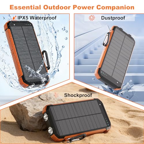 Solar Charger Power Bank 20000mAh, Wireless Fast Charging Battery Pack with 3 Built-in Cables & USB-C Input, Dual LED Flashlights, Portable Phone Charger for Camping, Travel & Emergency Use - color: Orange
