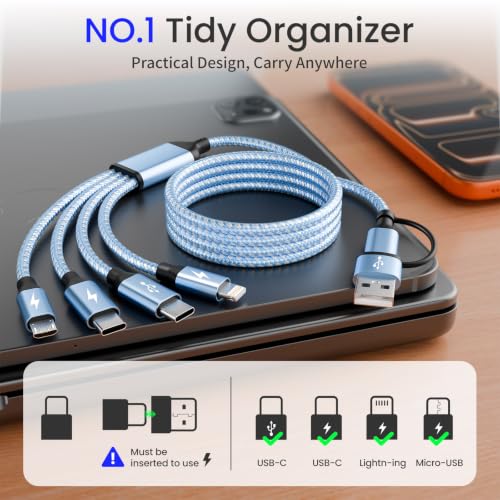 MPATIBY 4 in 2 Multi Charging Cable, 1 Pack 5FT Dual Input Charging Cords | USB A & USB C Inputs with Dual USB C, IP & Micro Outputs, Travel Essentials, Phone Charger for Multiple Devices - color: Blue+White, size: 1Pack5FT