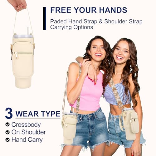 GOEWY Water Bottle Carrier Bag for Stanley Cup 40/30oz with Phone Pockets - color: Cream（Upgraded with Gift Box）, size: 40oz
