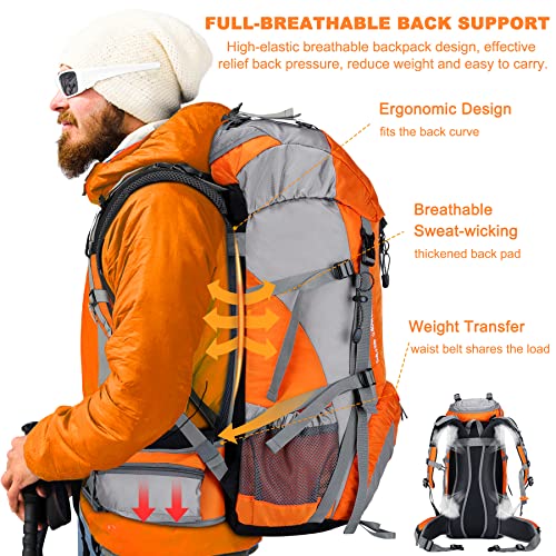 Loowoko 50L Hiking Backpack with Rain Cover for Both Men & Women - color: Orange