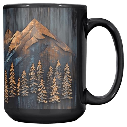 Mountains and Forest Trees Coffee Mug – One Mug, Full Wrap Design (Not Textured) – Outdoorsy Gift for Nature Lovers, Hikers, Campers & Rustic Cabin Decor – 15oz Black Ceramic Cup - size: 15 Ounces