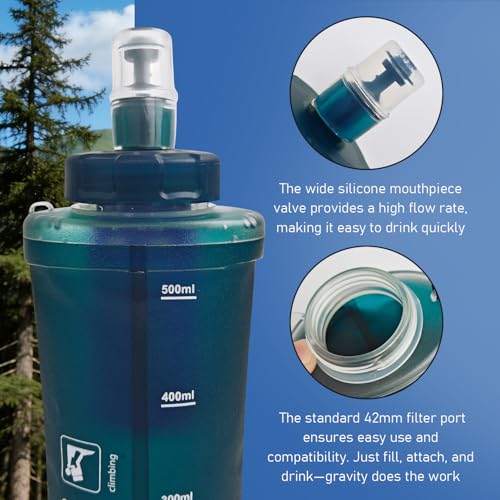 Collapsible Water Bottle with Filter for Travel Hiking Camping 700ML | TPU Soft Flask, BPA‑Free, Water Bottle for Outdoor Use with 0.1 Micrometer Hollow Fiber Membrane Filter, Silicone Bite Valve - color: Hunter Green-700ML