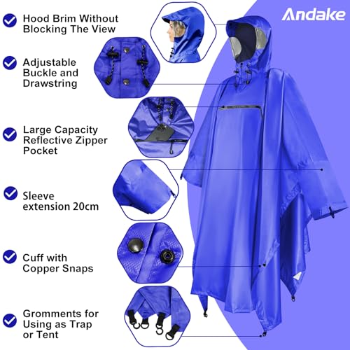 Andake Waterproof Rain Poncho for Adults Unisex,230T Ripstop Polyester,Raincoat Gear with Transparent Viewing Window Outdoors - color: Dark Blue