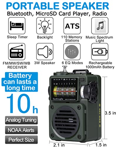 Shortwave Radio, HanRongDa Bluetooth Speaker Support MicroSD, FM MW WB SW Receiver with NOAA Alerts and Sleep Timer, Rechargeable Retro Analog Radios with Backlit and ATS Preset for Camping HRD700 - color: Green