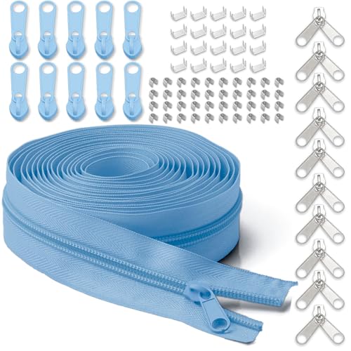 #5 Nylon Zipper Tape for Sewing: YZSFIRM 10 Yards Light Blue by The Yard Nylon Coil Zippers for DIY Sewing Craft with 10 Bulk Metal Zipper Slider and 10 Double Slider - color: 184 Light Blue, size: #5 Zipper