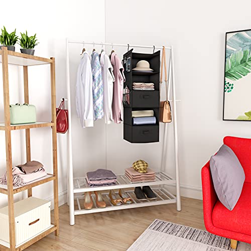 MAX Houser 5-Shelf Hanging Closet Organizer with 2 Drawers, Black-D2 | Foldable Fabric Hanging Shelves for Closet, Cloth Hanging Shelves with 2 sturdy hanging hooks, Small Space Saver - color: Black-d2