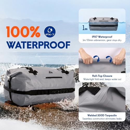 Haimont IPX7 Waterproof Roll-Top Dry Duffel Backpack | 60L/90L Sizes, 500D Tarpaulin, Welded Seams, Mesh Pockets, Boating & Kayaking - color: Light Gray, size: 90L
