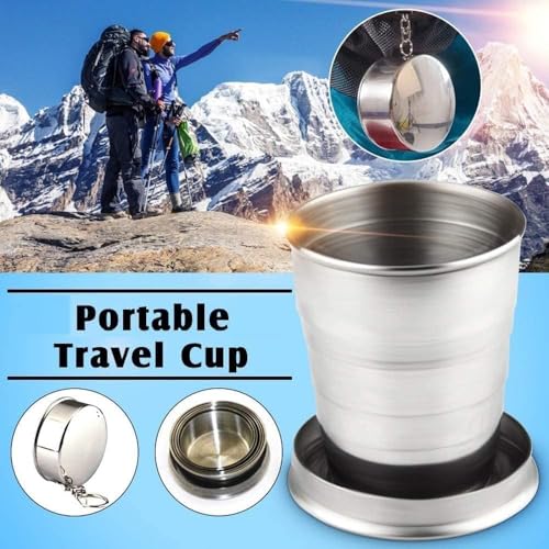 Stainless Steel Collapsible Cup, 250ml, Portable Foldable Travel Mug with Keychain for Camping, Hiking, Outdoor Use