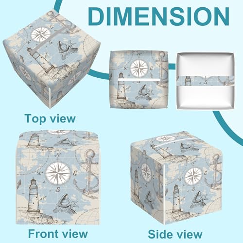 Compass Sea Map Tissue Box Cover,Anchor and Seashells Tissue Box Holder Square,Waterproof Leather Organizer Portable Decorative Facial Paper for Bedroom Dresser Night Stand Office,5.2" x 5.2" x 5.2" - color: Compass Sea Map