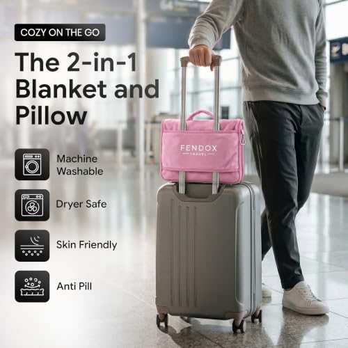 2-in-1 Travel Blanket and Pillow – Lightweight, Compact, Ultra Soft, Machine Washable – Handle, Luggage Sleeve, Backpack Clip – for Trave Airplane, Car, Office (light pink) - color: Light Pink