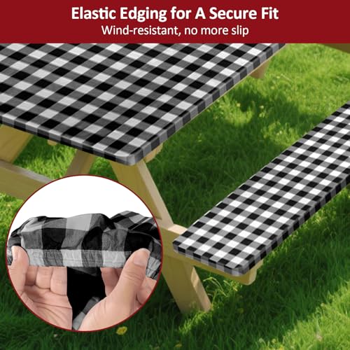 6ft 72" Picnic Table and Bench Cover, 3 Pack, Black-White Checkered | Drawstring Bag, Waterproof Windproof, Elastic Fitted Edges Tablecloth, for Rectangle Table & Seat, Camping Essentials RV Gear - color: Black-white Checkered, size: 72"