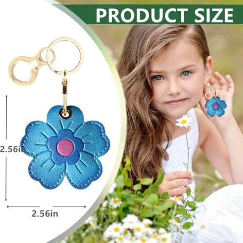 Leather Keychain holder Protective Case Compatible with Apple AirTag - color: Blue Flower