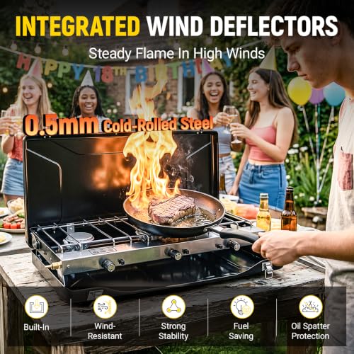 FineFlame Camping Stove, Propane Portable Camp Stove, 19800BTU-3 Burners - color: Black-3 burner-19800BTU