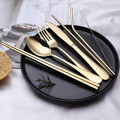 Portable Stainless Steel Flatware Set, Travel Camping Cutlery Set, Portable Utensil Travel Silverware Dinnerware Set with a Waterproof Case (Gold) - color: Gold