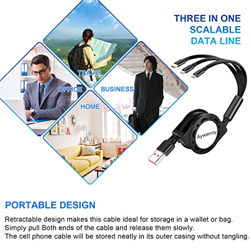 Multi Retractable Charging Cable, 3 in 1 USB Charging Cable 3 Pack | With USB C/Micro USB/Phone Port, 3.3FT for Phone17 16 15 14 13 12 11,Galaxy with Cell Phones Tablets Universal Use