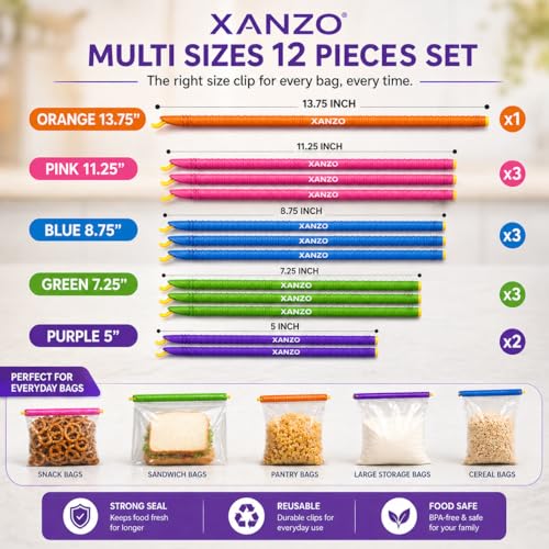 Xanzo Chip Clips - 12 Durable, Heavy Duty Chip Bag Clips for Food, Airtight Chip Bag Closers, Eco-Friendly, Color Coded Food Organization Tools