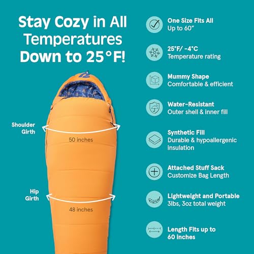 Retrospec Dream 25 Kids Sleeping Bag for Camping - Mummy Style, Water-Resistant, Lightweight 3lbs 3oz, Adjustable Length, Draft Collar, 25°F Rating - color: Day Dreamer