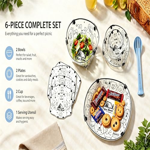 Collapsible Camping Tableware Set - 6 Pack Foldable Cups, Bowls & Plates Combo with Utensils, Lightweight, Portable, Easy to Clean & Heat Resistant for Picnic, Hiking, Travel, RV