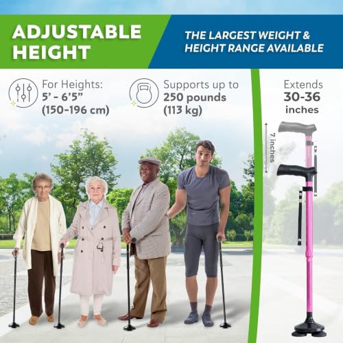 HONEYBULL Walking Cane for Men & Women, Foldable Free Standing Cane | Adjustable Height, Collapsible Design, Heavy-Duty, Pivot Base for Stable Support, Ergonomic Handle - color: Pink