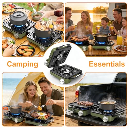 2-Burner Pro Camping Stove,24000 BTU Camp Stove,Foldable Propane Stove Includes Carry Bag,Windscreen Griddle, Portable Stove,Camping Essentials,Suitable For Outdoor Cooking,Tailgating,Grilling (Green)