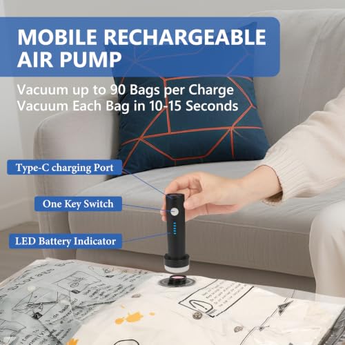 15 Pack Travel Vacuum Bags for Clothing with Rechargeable Wireless air Pump - size: 15 Combo Size (Blue)