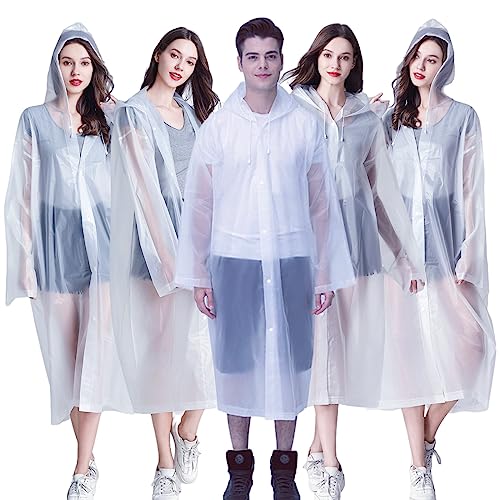 Rain Ponchos for Adults Reusable, 2-5 Pack Raincoat for Women Men, Waterproof Rain Coat Gear with Hood Drawstring - color: White X5