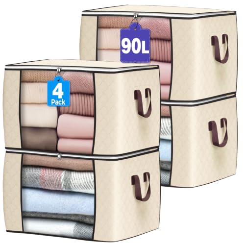 90L Large Storage Bags, 4 Pack Clothes Storage Bins Closet Organizers - color: Beige, size: 4 Pack-90L
