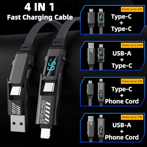 4-in-1 USB Charging Cable with Wattage Display (65W, 6.6FT) | USB A/C to USB C/L Port, Compatible with iPhone 17-12/MacBook/Tablet/Samsung S25/S24 Phone & More, Carplay Cable