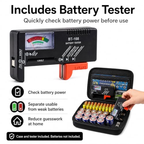 Comecase Battery Organizer Case with Tester, Holds 80 AA AAA C D Batteries - size: Medium 80+Batteries