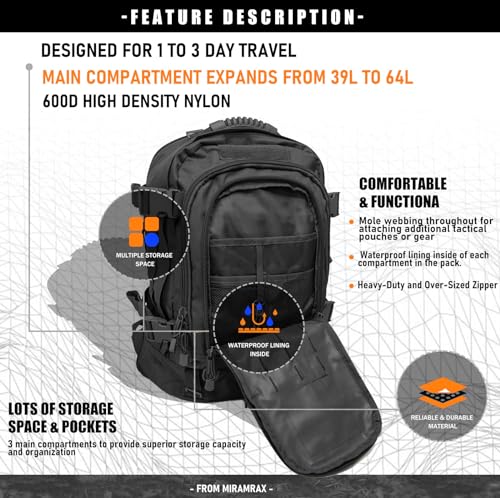 Miramrax Tactical Backpack Military Army Daypack - Assault Pack for Men Molle Backpacks Bug Out Bag 3 Day Pack for Hiking Camping Travel Hunting Rucksack Trekking Black - color: Black