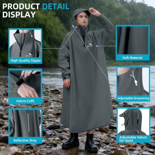 Waterproof Rain Poncho, Reusable Hooded Long Raincoat - color: Green, size: Large