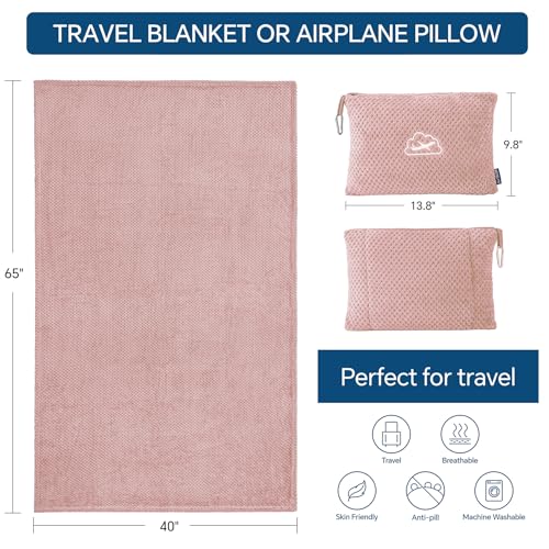 BEDELITE Travel Blanket with Bag, Jacquard Fleece Blanket 65"x40", Pink | Ultra-soft Airplane Blanket, Luggage Sleeve & Backpack Clip, Travel Essentials for Women, Foldable as Pillow for Long Flight - color: Pink