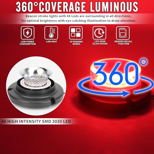 2 Pcs Red Forklift Beacon Strobe Lights, 12-24V 16 Flashing Modes 48 LED with Magnetic Base, Traffic Lights for Construction Vehicles, Trucks, Golf Carts, Snow Plow