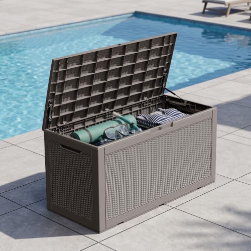 Outdoor Storage Box Waterproof, 110 Gallon Deck Box For Patio Storage - color: Rattan Gray, style: 110Gallon