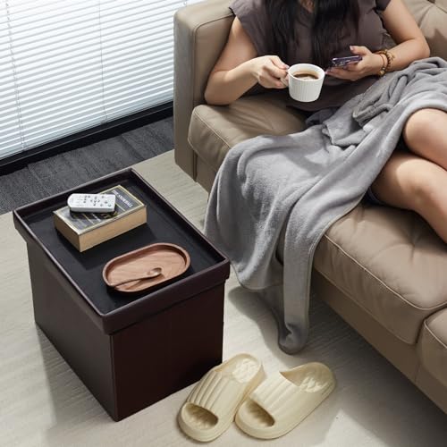 AmasSmile Ottoman with Storage,16" Folding Leather Foot Rest Chest,Brown - color: Brown 1 Pack., size: 16"*12"*12"with side pockets