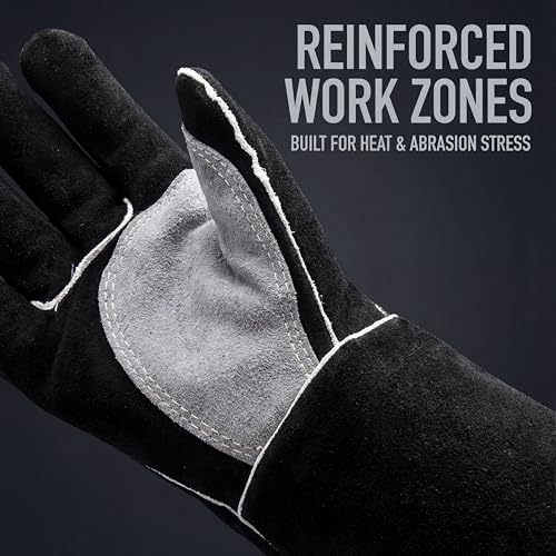 RAPICCA MIG Welding Gloves for Men, 662°F Fireproof Leather, 16 in Black | For Stick & Flux-Core Welding, Welders & Blacksmiths, Forge, Fireplace, Fire Pit, Wood Stove, Cast Iron, Dry Ice - color: Black(length 16in)