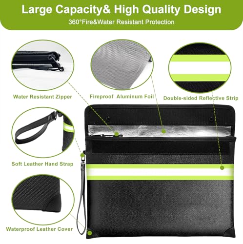 6500°F Fireproof Document Bag with Lock, Upgraded Fireproof/Waterproof Money Bag with Zipper/Reflective Strip,Storage Pouch for Cash,Cell Phone,Passport（Not suitable for A4 files） - color: Light Black, size: Medium Size