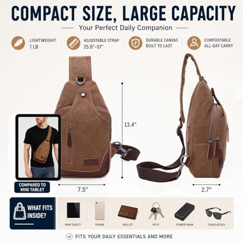 Canvas Sling Bag for Men Crossbody Chest Bag Casual Daypack Rucksack Small Crossbody Backpack with Adjustable Strap - color: Khaki