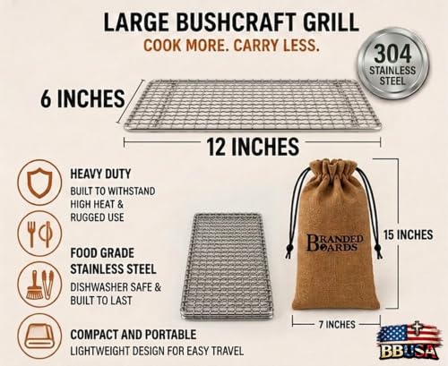 Portable Bushcraft Stainless BBQ Cooking Grill Grates & Burlap Hemp Drawstring Bag. Camping, Campfires, Backpacking, Hunting & Fishing. (Two Large Grills + Bag) - size: Two Large Grills + Bag