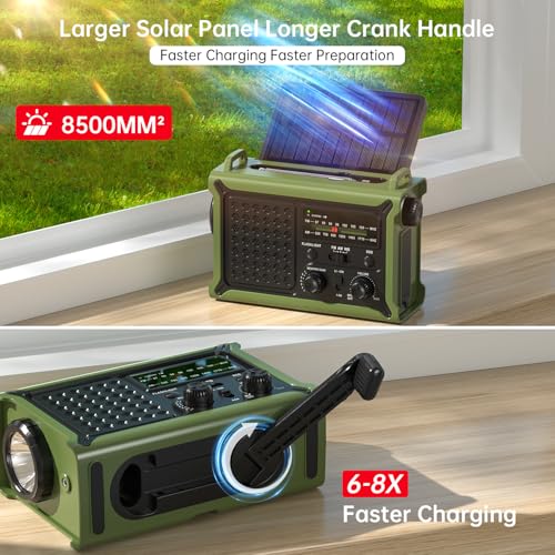12000mAh/44400mWh Emergency Radio, NOAA Weather Radio, Hand Crank & Solar - color: Amy Green