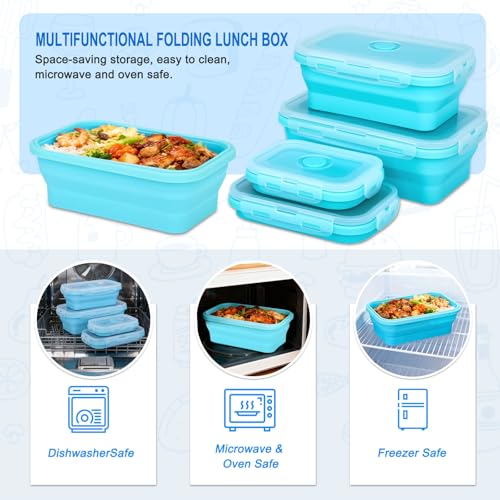 Collapsible Silicone Food Storage Containers 4 Set Airtight Leak Proof Food Containers with Lids Stackable Meal Prep for Microwave Freezer Dishwasher for Kitchen Camping Office Blue - color: Blue with Gray Edges