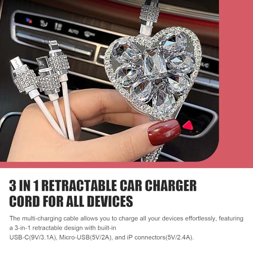 Multi Charging Cable, 3 in 1 Multi Charger Cable with Type-C/Lightning/Micro USB Connectors, Rhinestone Retractable Car Charger Cord, Universal for Most Phones, Tablets (White) - color: White