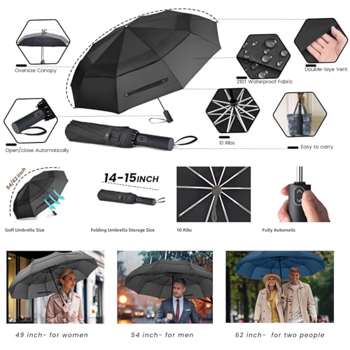 MRTLLOA Compact Golf Umbrella, 10 Ribs Vented Windproof Travel | 49/54/62 Inch Large Oversize, Double Canopy, Quick-Dry Fabric, Lightweight, Umbrellas for Rain - color: Black, size: 49 Inch