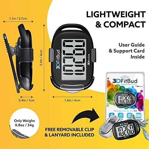 3DFitBud Simple Step Counter Walking 3D Pedometer by 3DActive with Clip, Lanyard Accurate Step Tracker Large Display, Easy to Use for Kids Men Women Adult Seniors Daily Step Tracking - A420S - color: Black