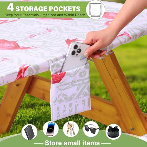 Picnic Table Cover with Bench Covers Vinyl Elastic Edges Fitted Rectangle Tables Seat Waterproof 3-Piece 96X30in Set Outdoor Rectangular Folding Backing Tablecloth for Camping Over Size White Flamingo - color: White Flamingo, size: 96in