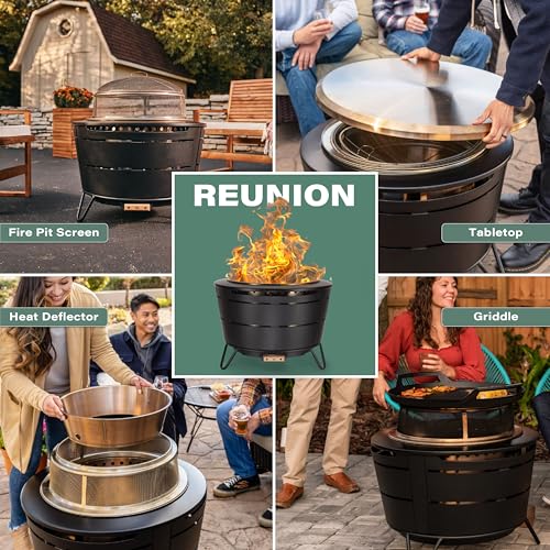 TIKI Reunion Smokeless Fire Pit, 27.5 in Wood Burning Fire Pit with Cover | Black, 27.5-Inch, Stainless Steel, Wood-Burning, Large Gatherings, For Backyards, Includes Cover, Removable Ash Pan, Stand - style: Reunion (28")