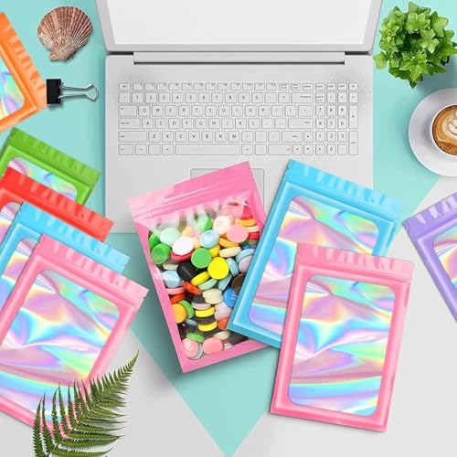 Funfery 100pcs Mylar Holographic Bags-Resealable Zipper&Clear Window (Blue, 3.1 x 5.1 Inch) - color: Blue, size: 3.1 x 5.1 Inch